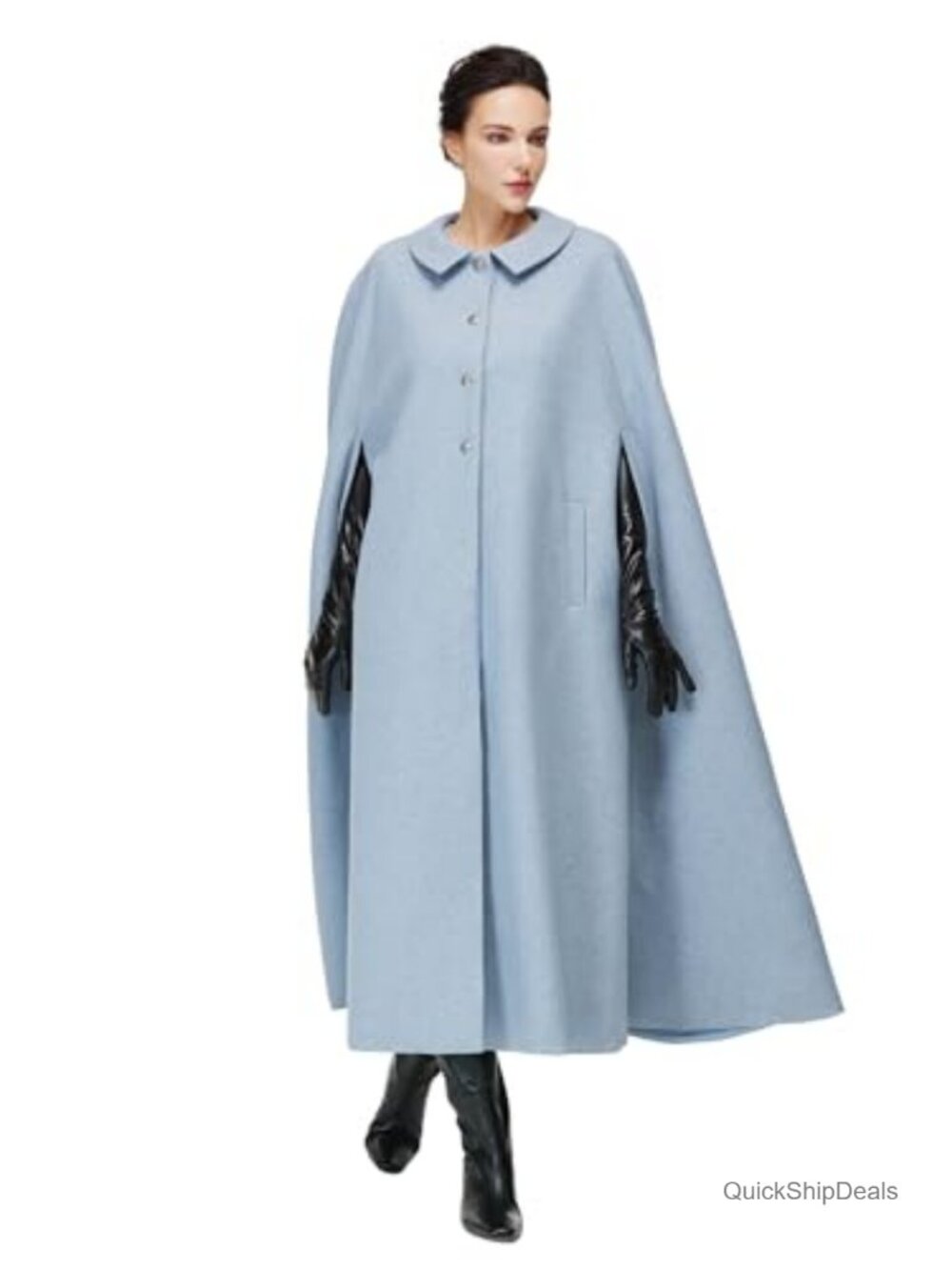 Women Wool Blend Single-Breasted Cape Coat Vintage Jacket Outwear with Pockets